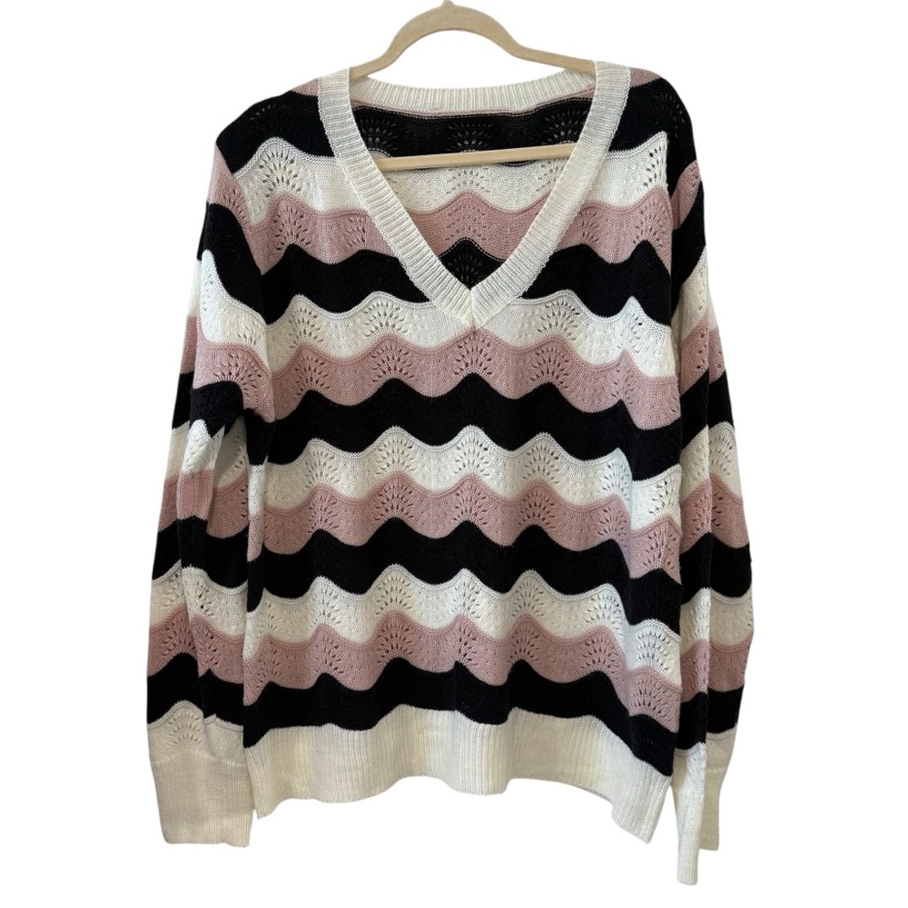 Shein Curve 1XL Pink Black White Chevron Open Knit V-Neck Sweater